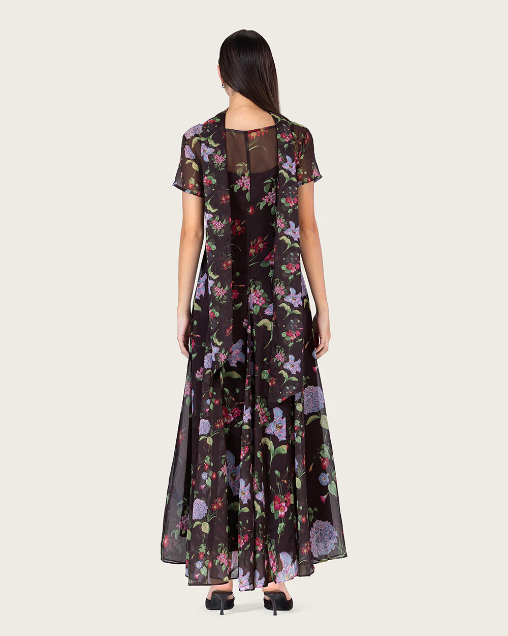 Dark Floral Chiffon Ankle Length Dress with Sheer Overlay - Image 7