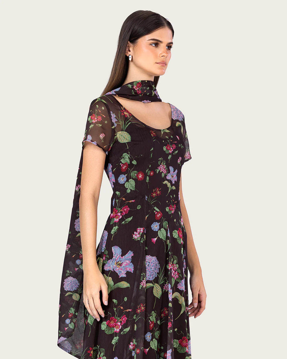 Dark Floral Chiffon Ankle Length Dress with Sheer Overlay - Image 8