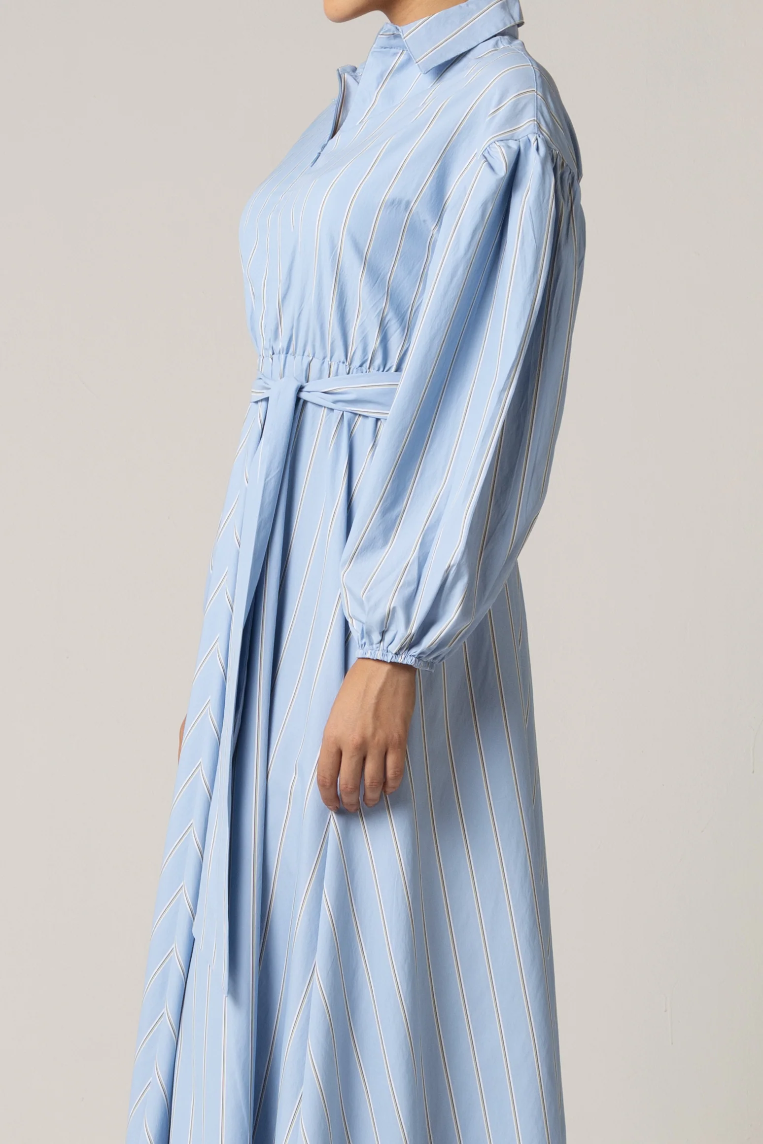 Blue with Tie Belt and Elastic Wristband Dress - Image 3