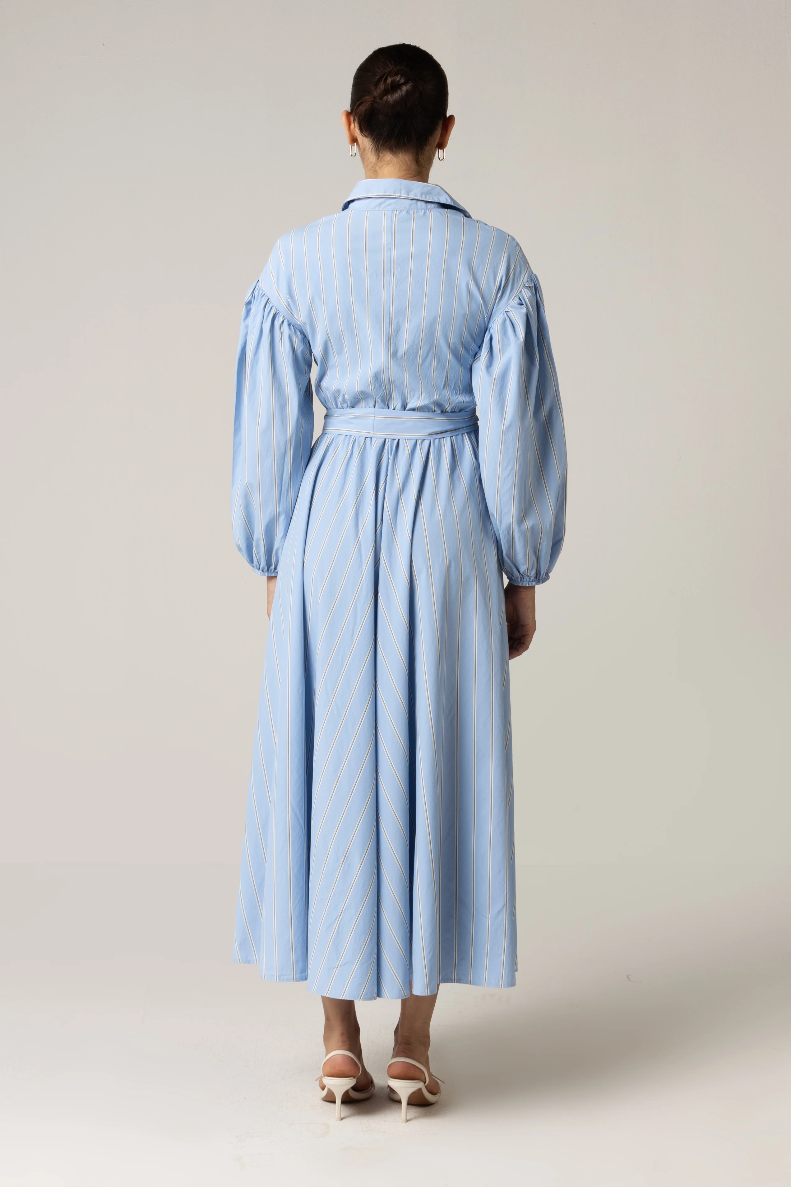 Blue with Tie Belt and Elastic Wristband Dress - Image 4
