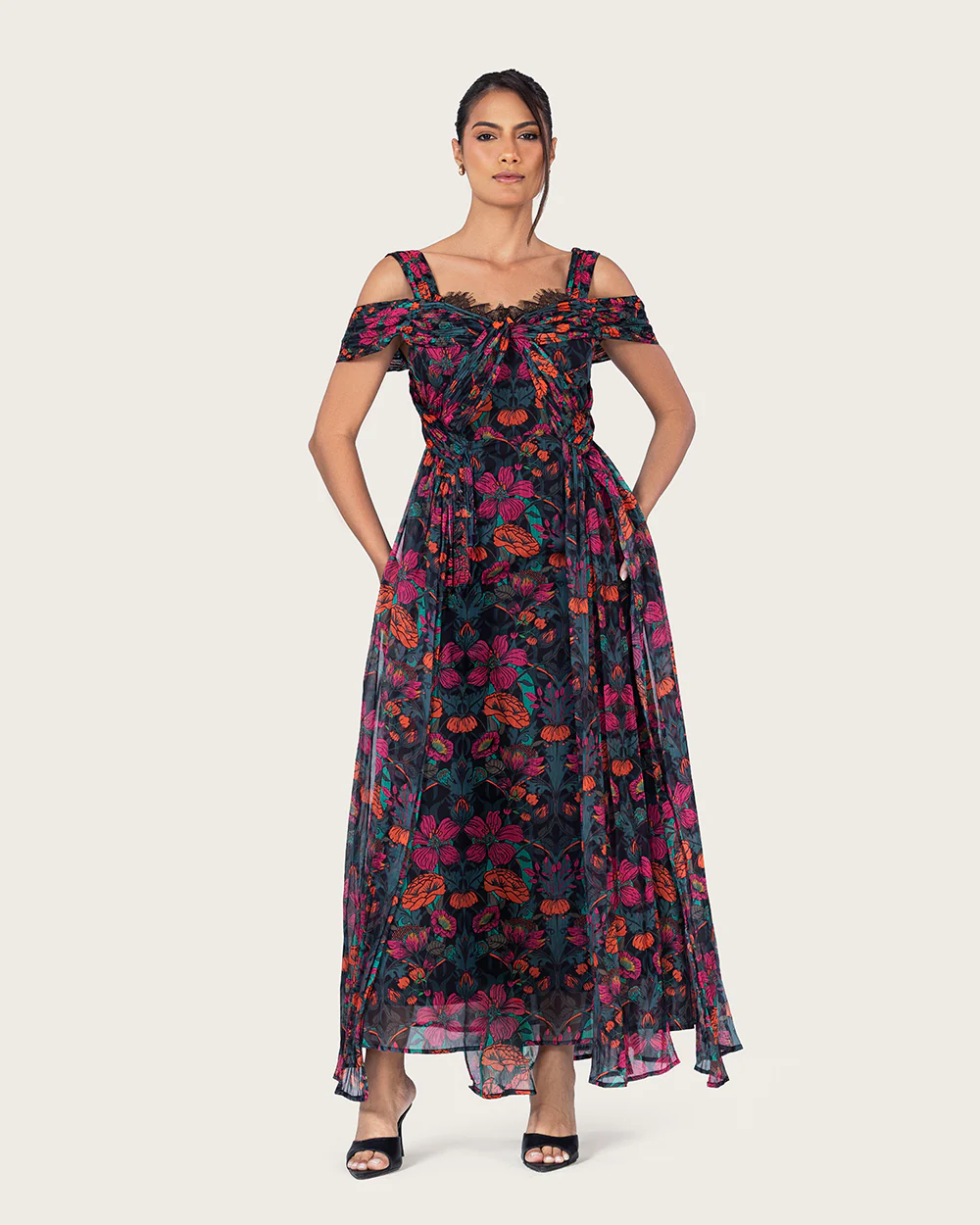 Elegant tropical floral chiffon dress - Image 3