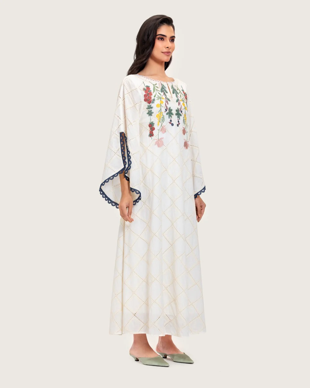 Embroidered Eyelet Ivory Kaftan Dress with Floral Details and Trims - Image 3