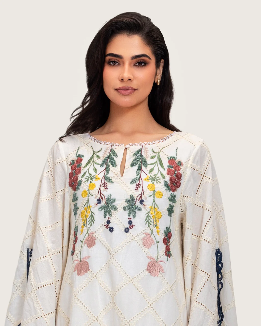 Embroidered Eyelet Ivory Kaftan Dress with Floral Details and Trims - Image 4