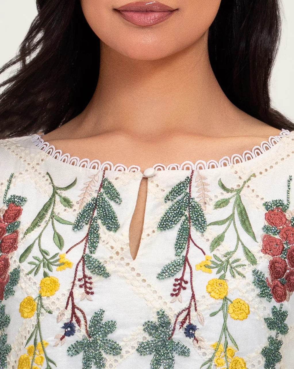 Embroidered Eyelet Ivory Kaftan Dress with Floral Details and Trims - Image 5