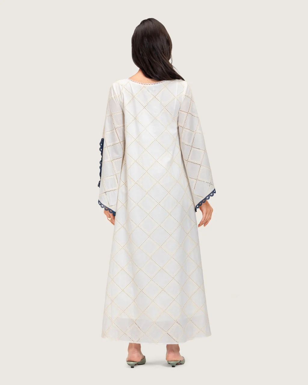 Embroidered Eyelet Ivory Kaftan Dress with Floral Details and Trims - Image 6