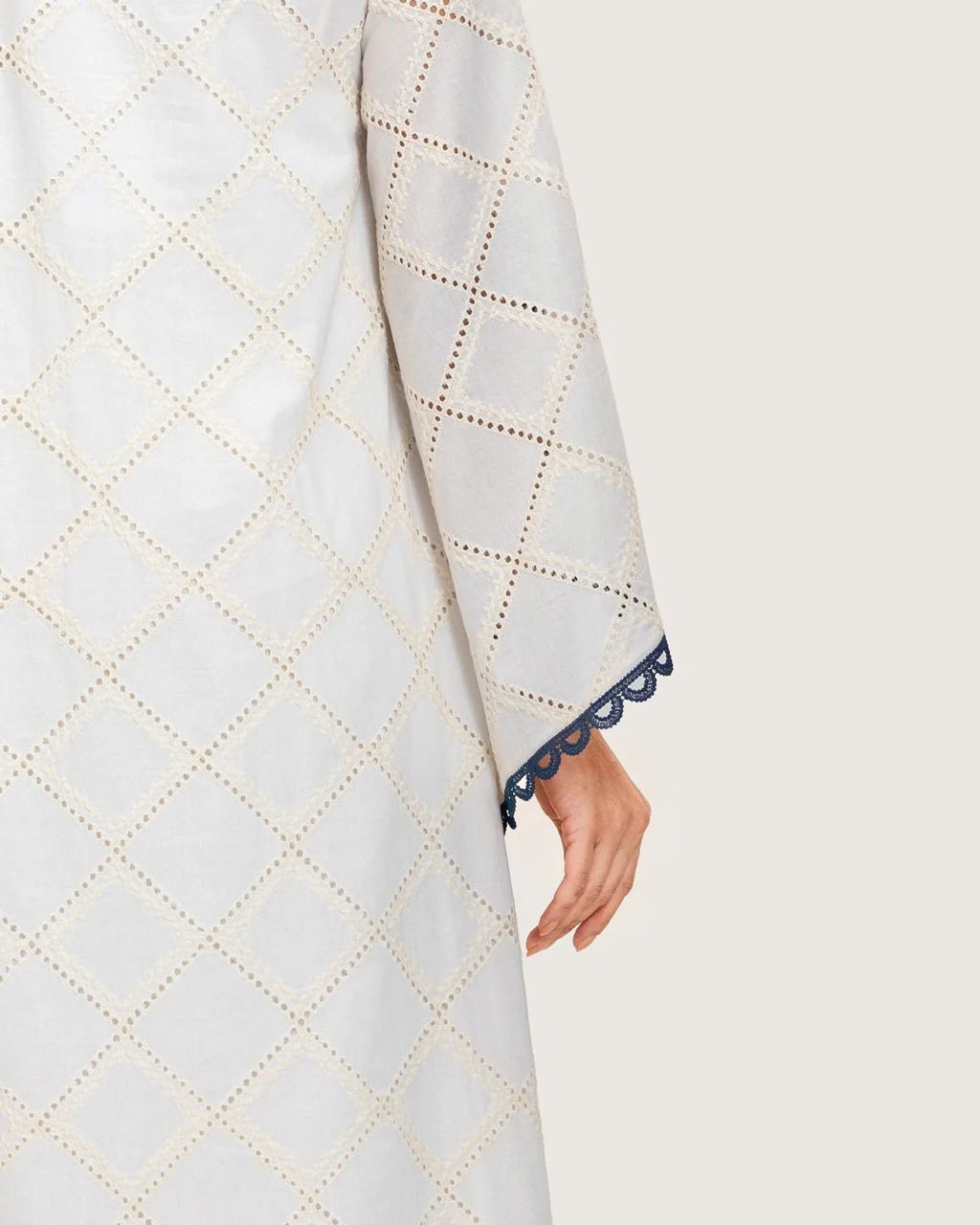 Embroidered Eyelet Ivory Kaftan Dress with Floral Details and Trims - Image 7