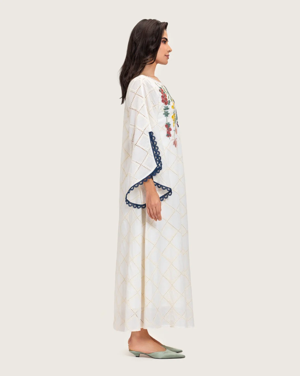 Embroidered Eyelet Ivory Kaftan Dress with Floral Details and Trims - Image 8