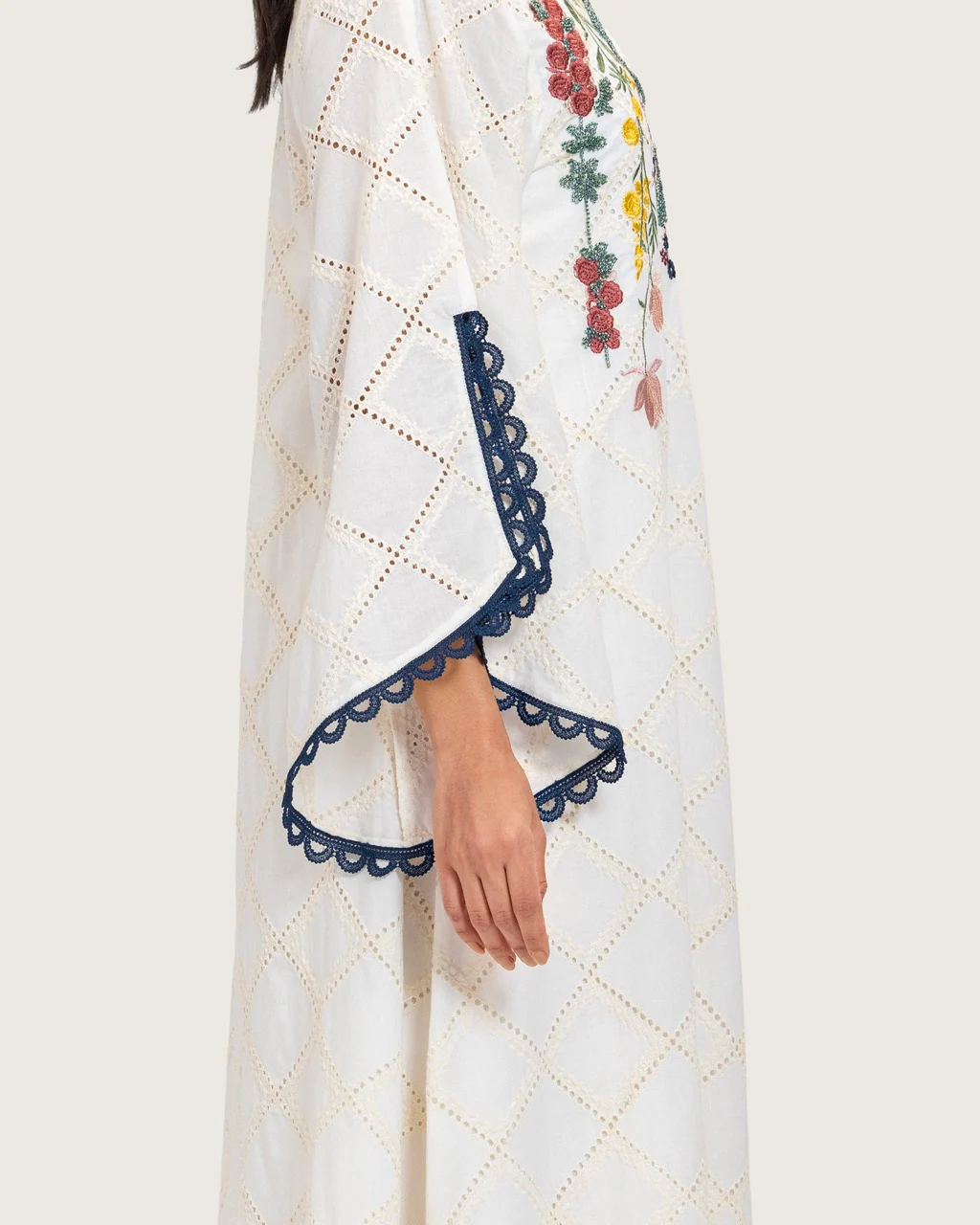 Embroidered Eyelet Ivory Kaftan Dress with Floral Details and Trims - Image 9