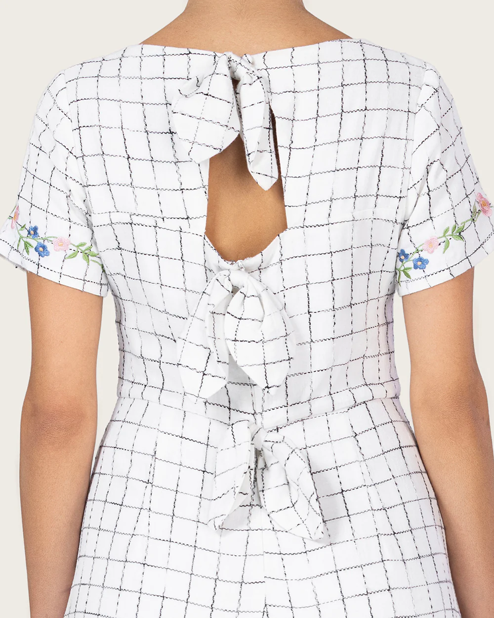 Embroidered Floral Linen Dress with Three Back Bows - Image 3