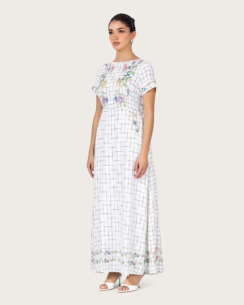 Embroidered Floral Linen Dress with Three Back Bows - Image 4