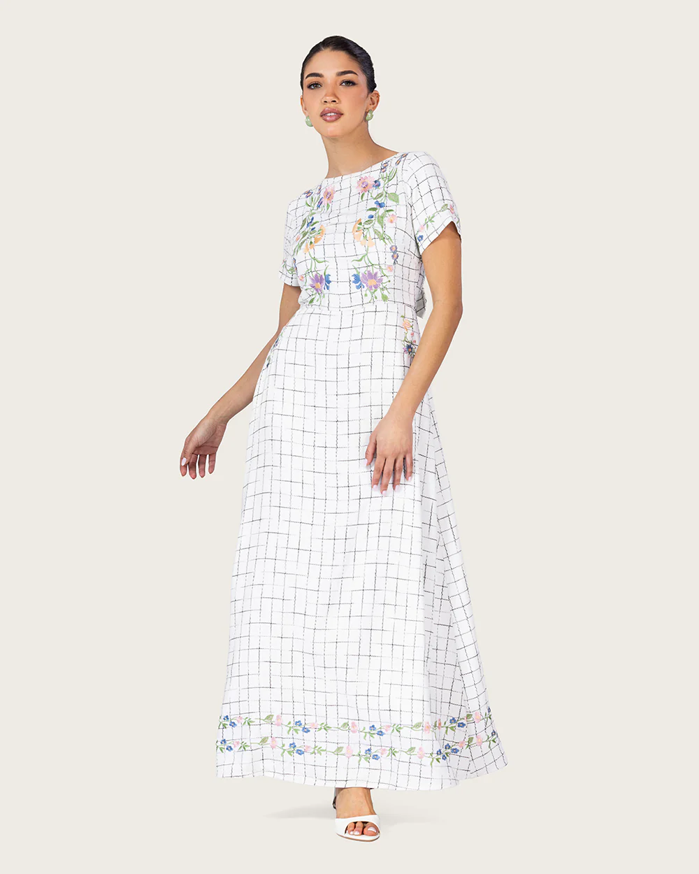 Embroidered Floral Linen Dress with Three Back Bows - Image 5