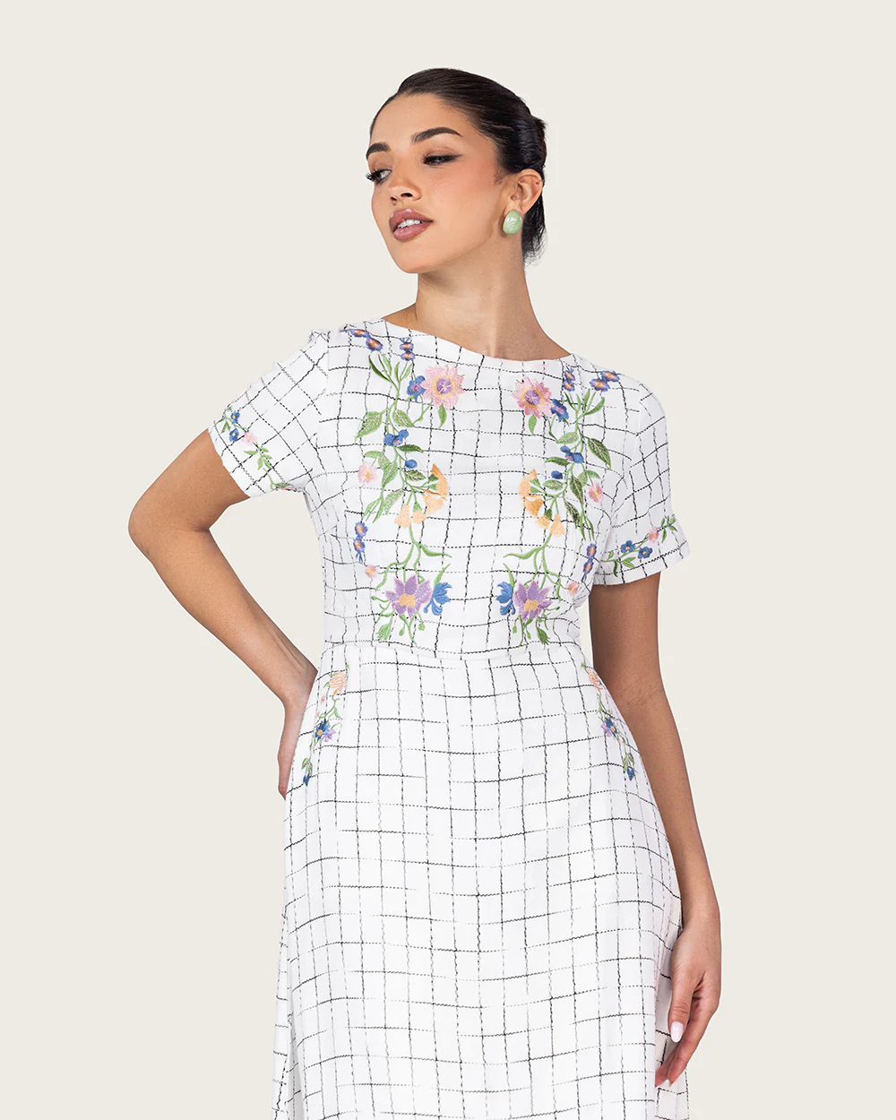 Embroidered Floral Linen Dress with Three Back Bows - Image 7