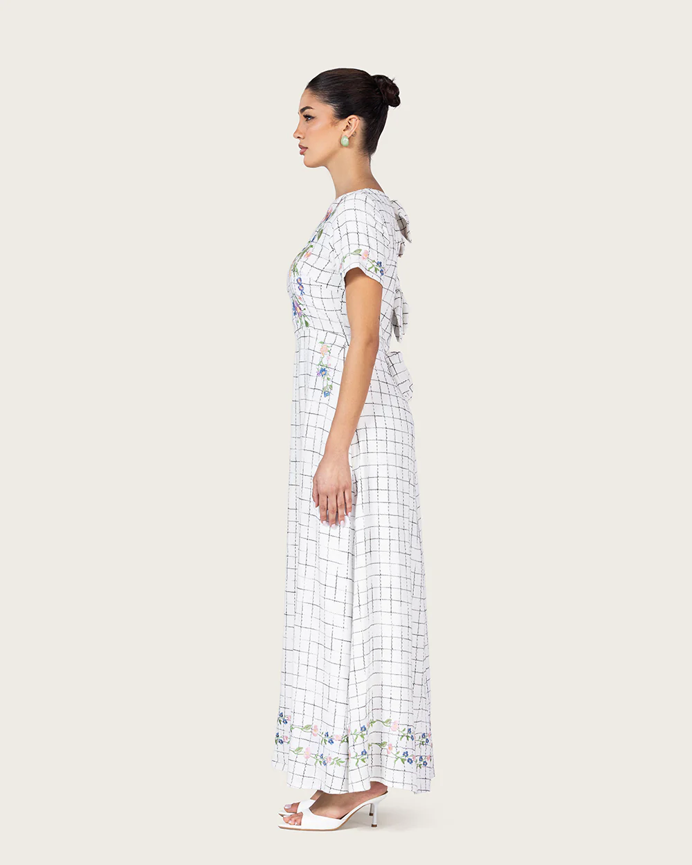 Embroidered Floral Linen Dress with Three Back Bows - Image 8