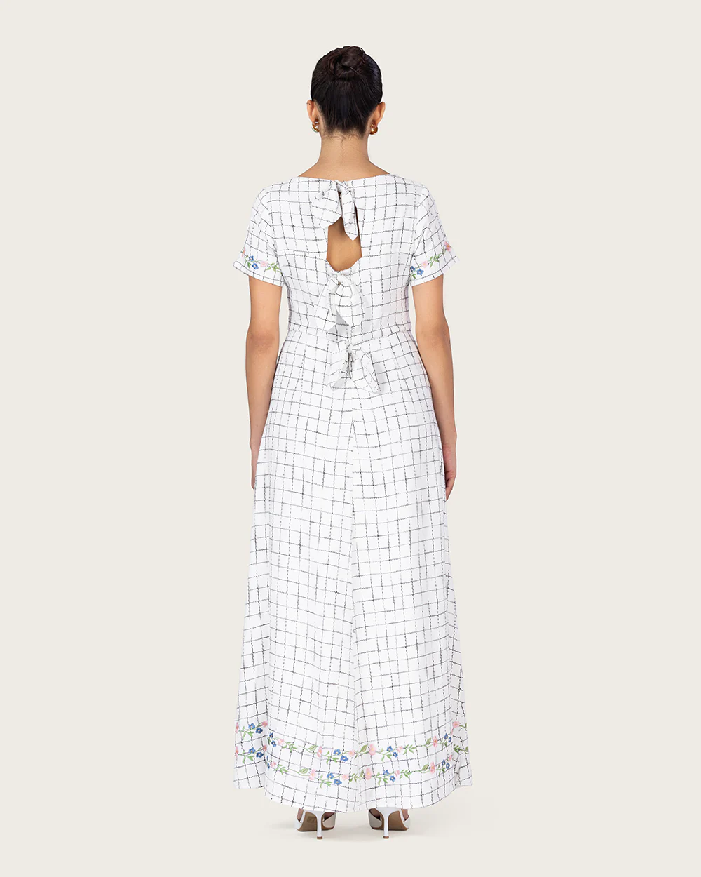 Embroidered Floral Linen Dress with Three Back Bows - Image 9