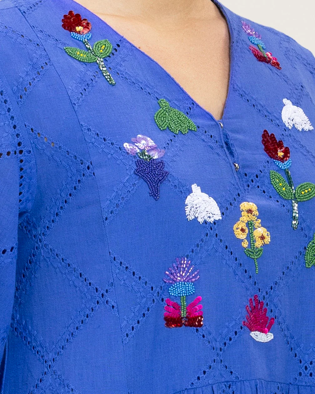 Eyelet Cotton A-Line Dress with Handmade Beaded & Sequin Details - Image 3