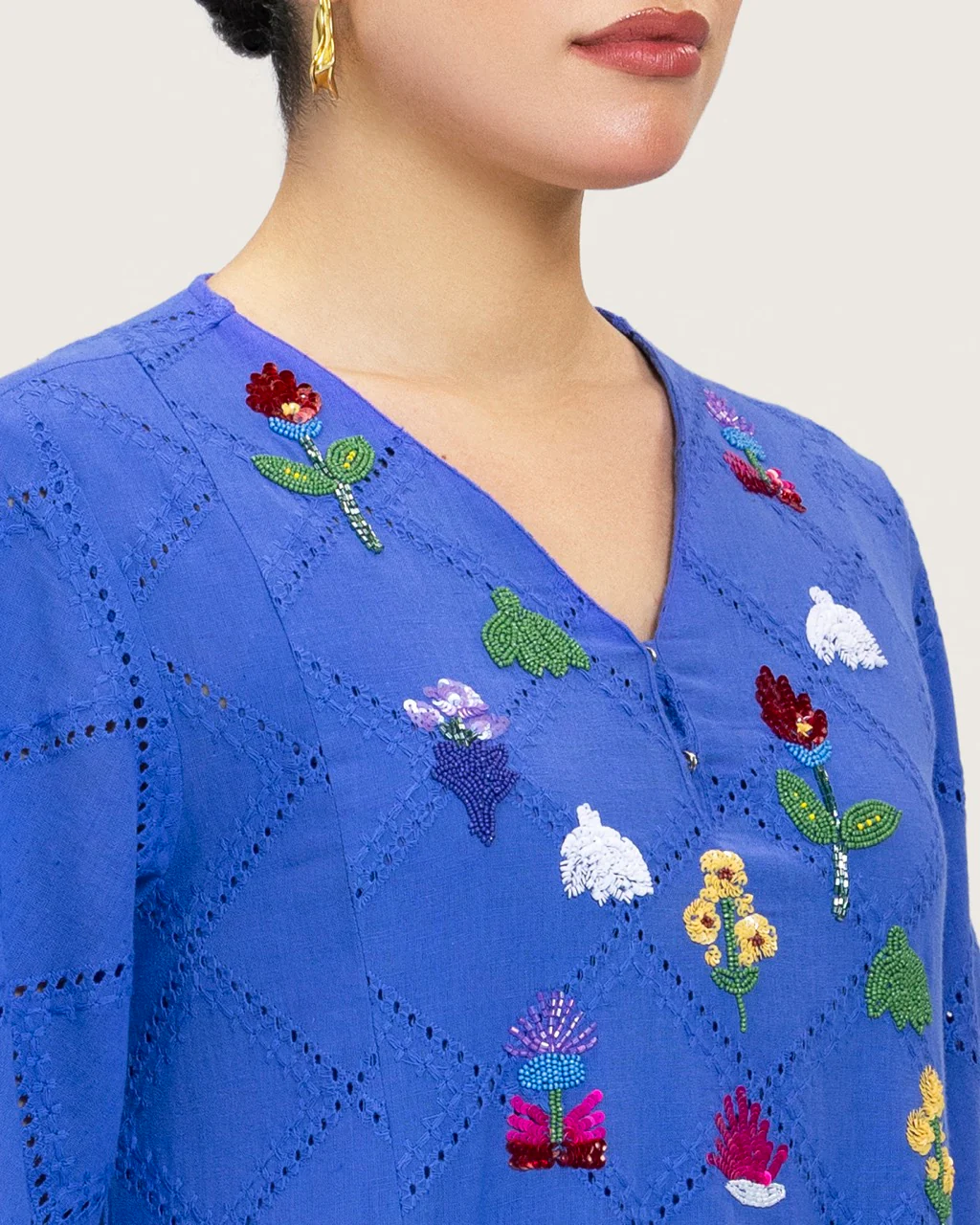 Eyelet Cotton A-Line Dress with Handmade Beaded & Sequin Details - Image 4