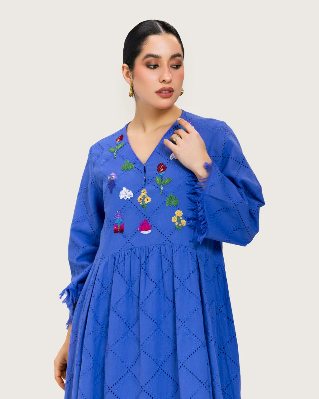 Eyelet Cotton A-Line Dress with Handmade Beaded & Sequin Details - Image 8