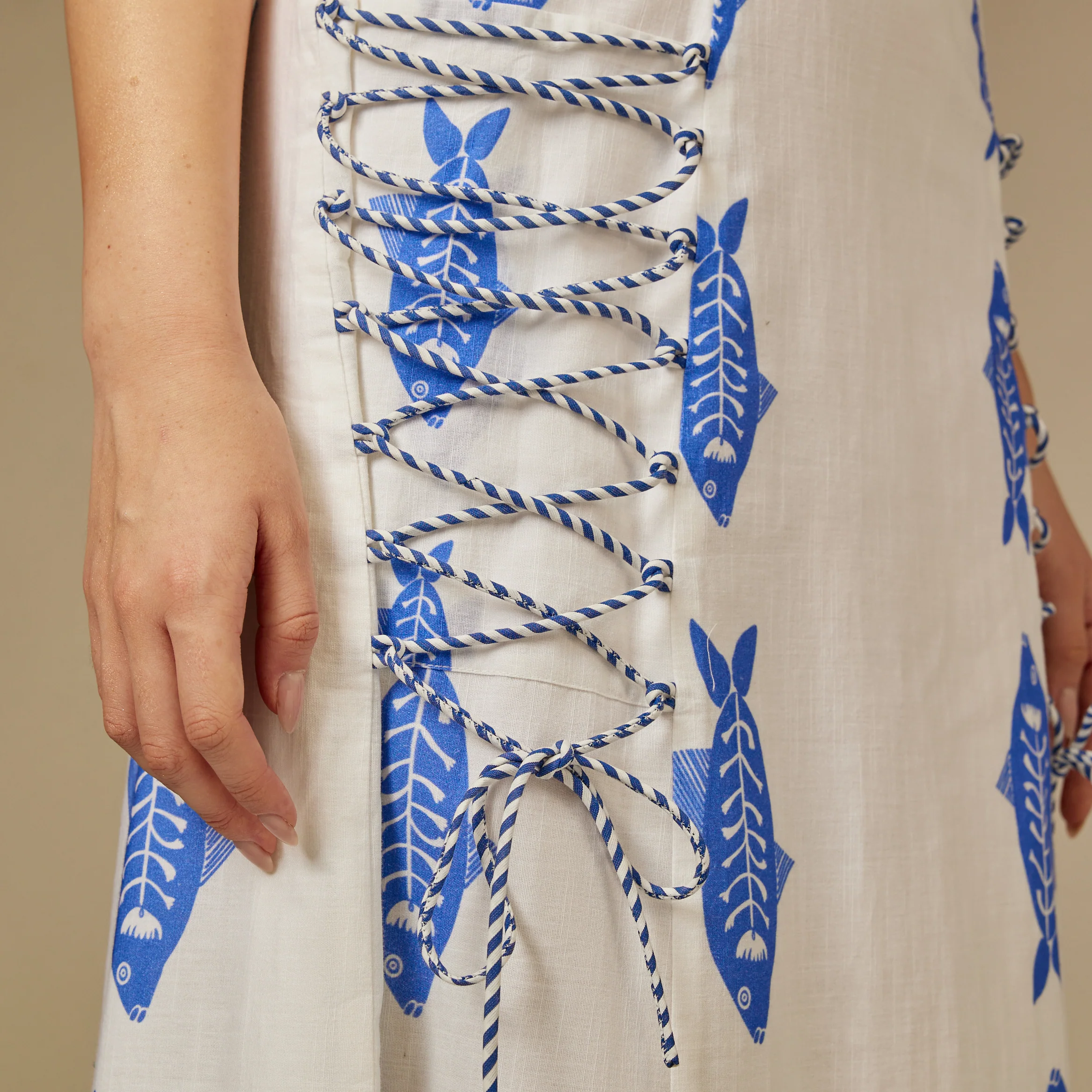 Blue and white Fish Print Lace-Up Cotton Dress - Image 2