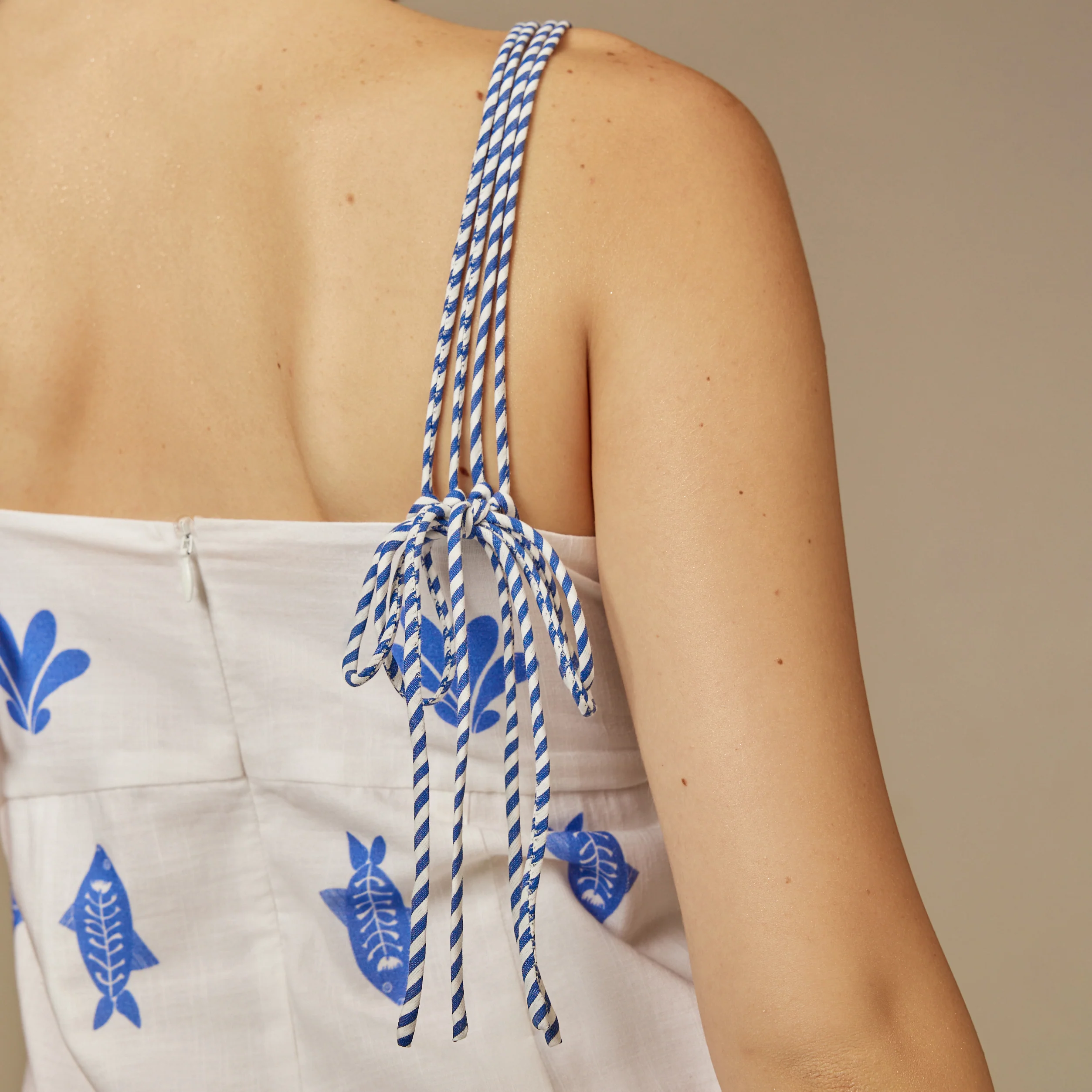 Blue and white Fish Print Lace-Up Cotton Dress - Image 3