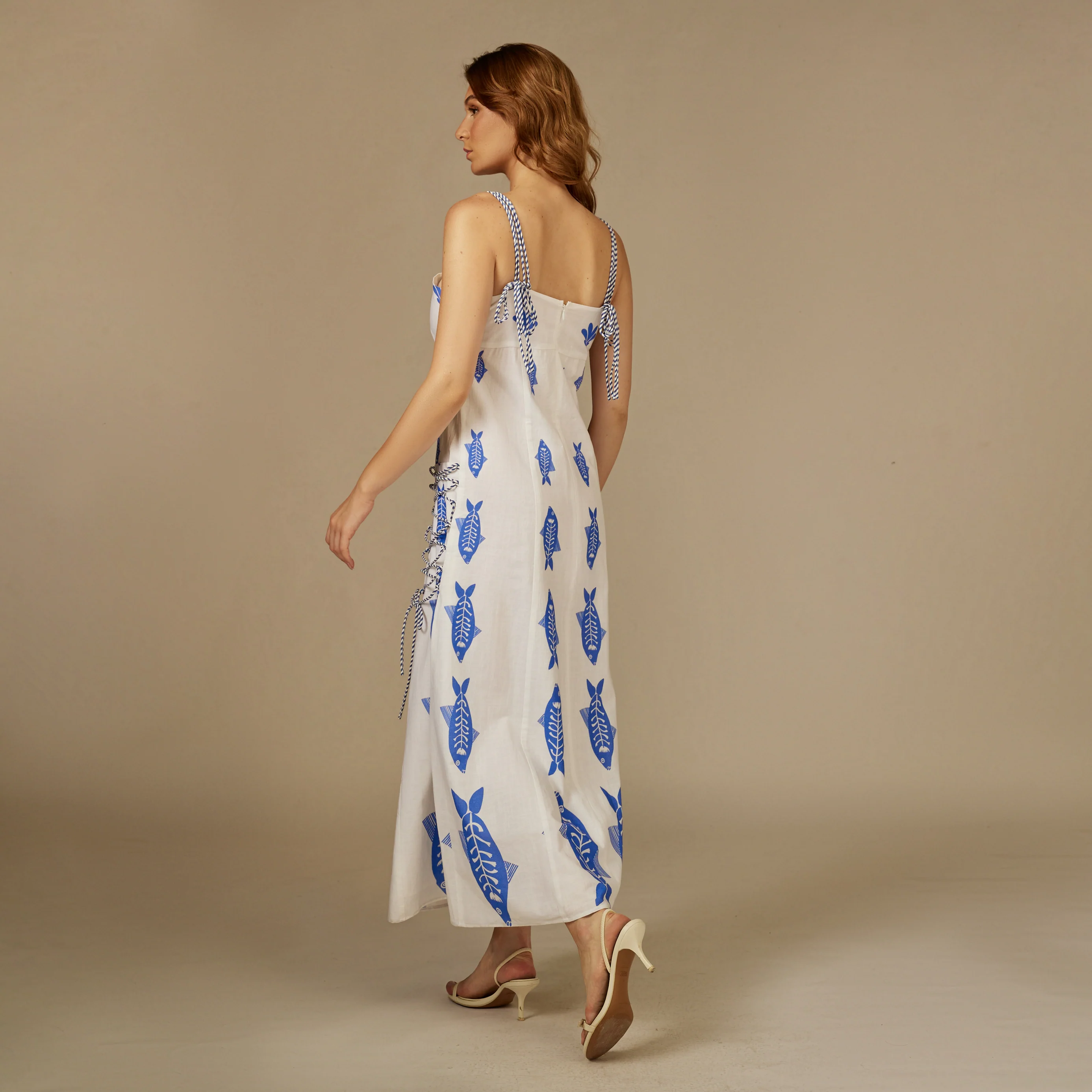 Blue and white Fish Print Lace-Up Cotton Dress - Image 5