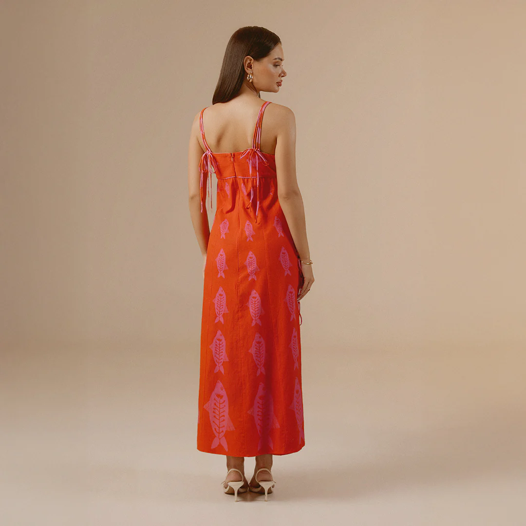 Orange Fish Print Lace-Up Cotton Dress - Image 4