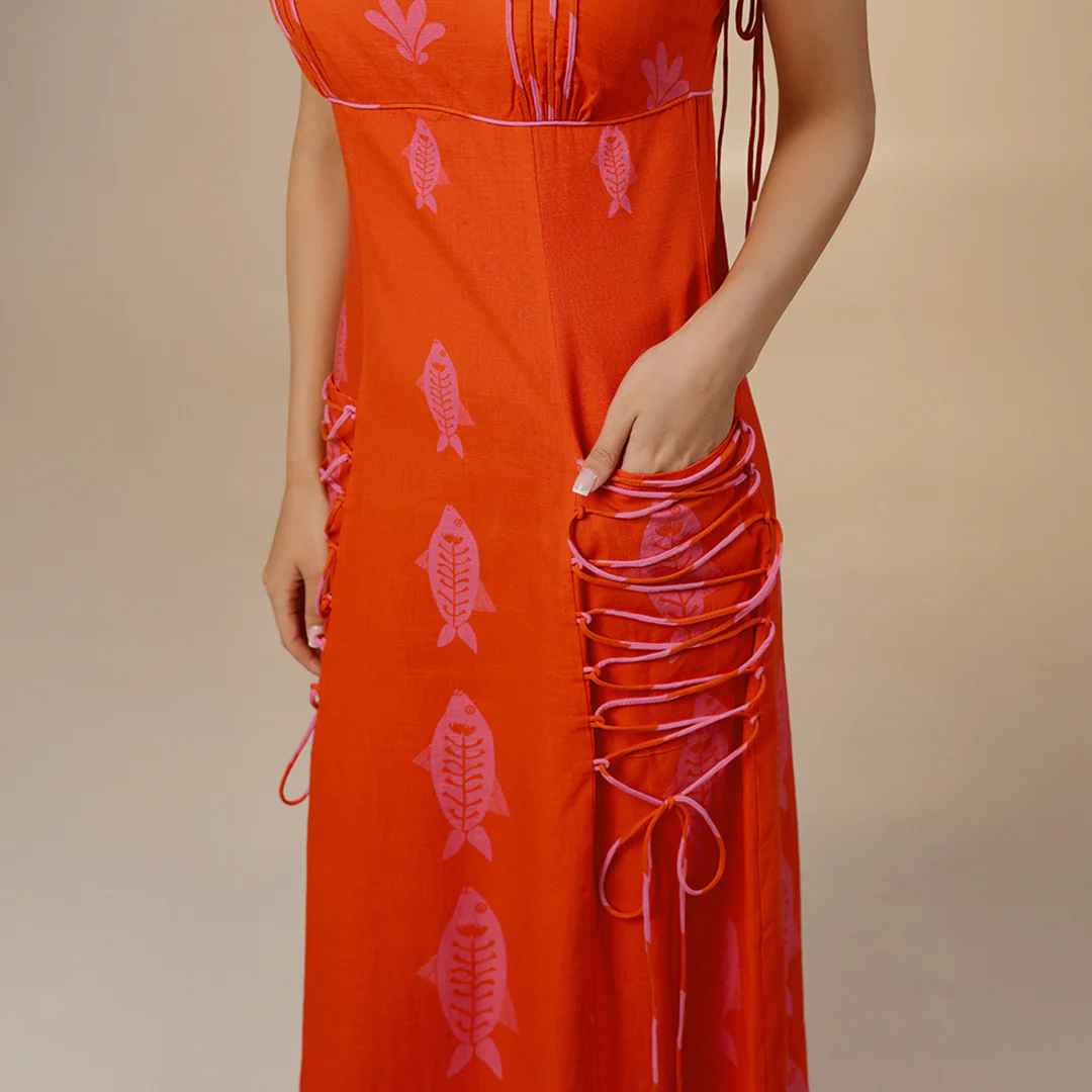 Orange Fish Print Lace-Up Cotton Dress - Image 5