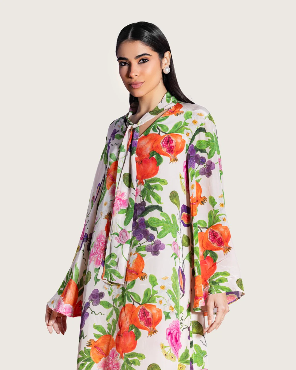 Floral Fruity Printed Maxi Kaftan with Tie Neckline - Image 3