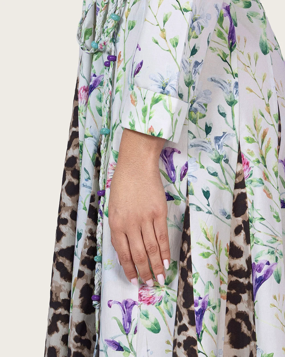 Floral & Leopard Linen Shirt Dress with Braided Beaded Belt - Image 10