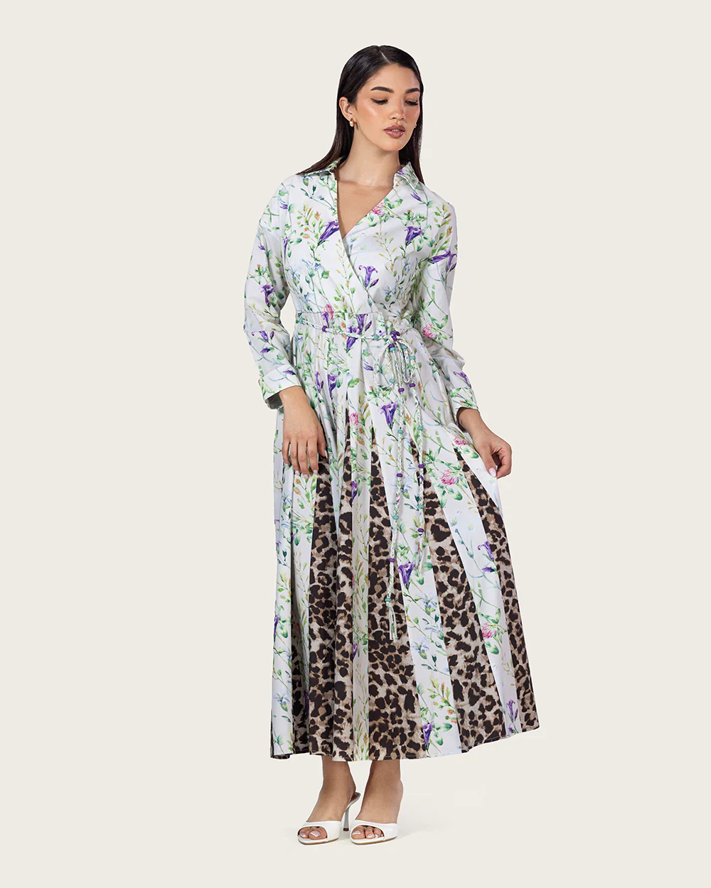 Floral & Leopard Linen Shirt Dress with Braided Beaded Belt - Image 4