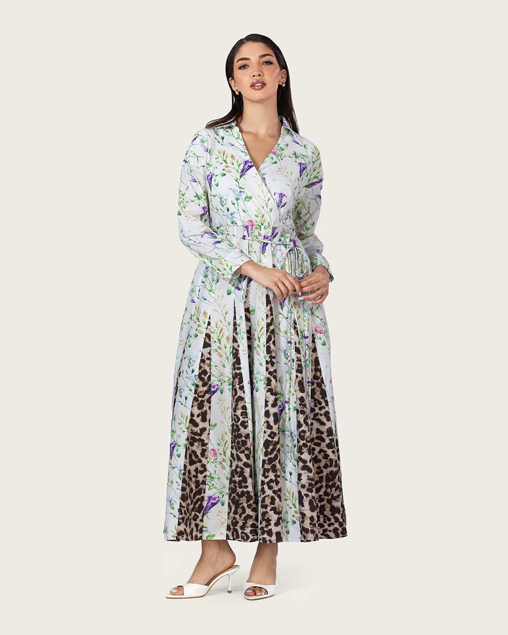 Floral & Leopard Linen Shirt Dress with Braided Beaded Belt - Image 5