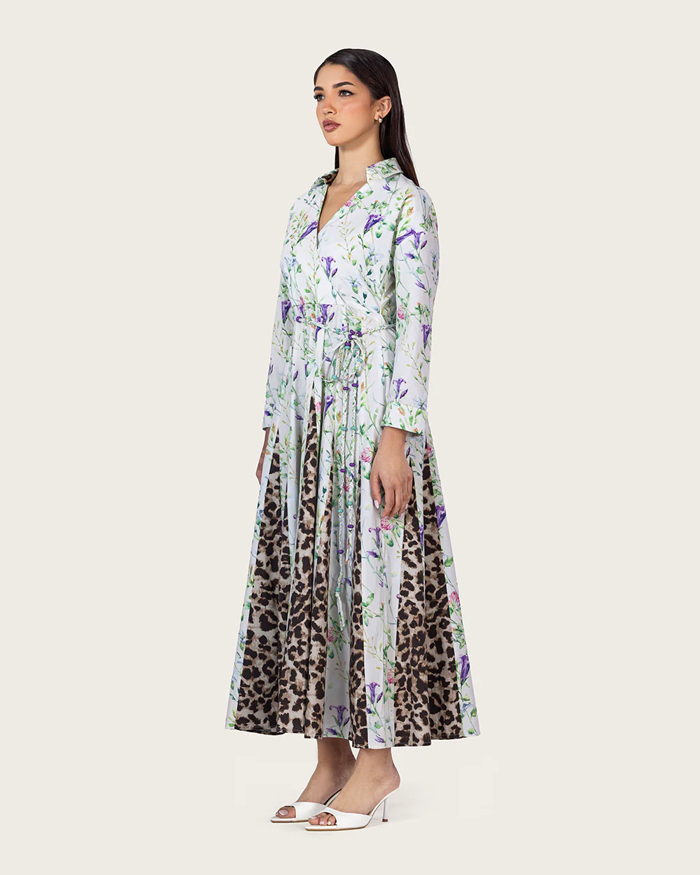 Floral & Leopard Linen Shirt Dress with Braided Beaded Belt - Image 6