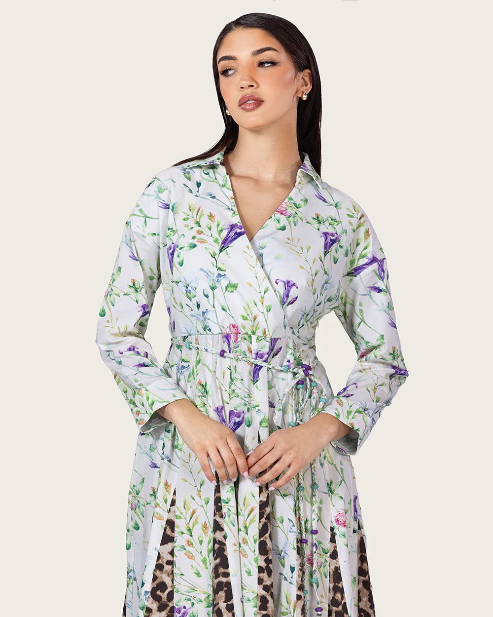 Floral & Leopard Linen Shirt Dress with Braided Beaded Belt - Image 8