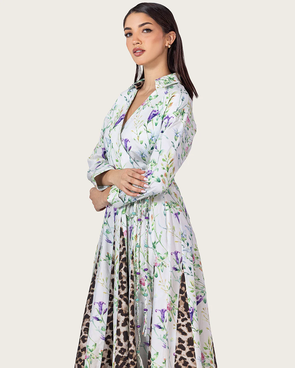 Floral & Leopard Linen Shirt Dress with Braided Beaded Belt - Image 9