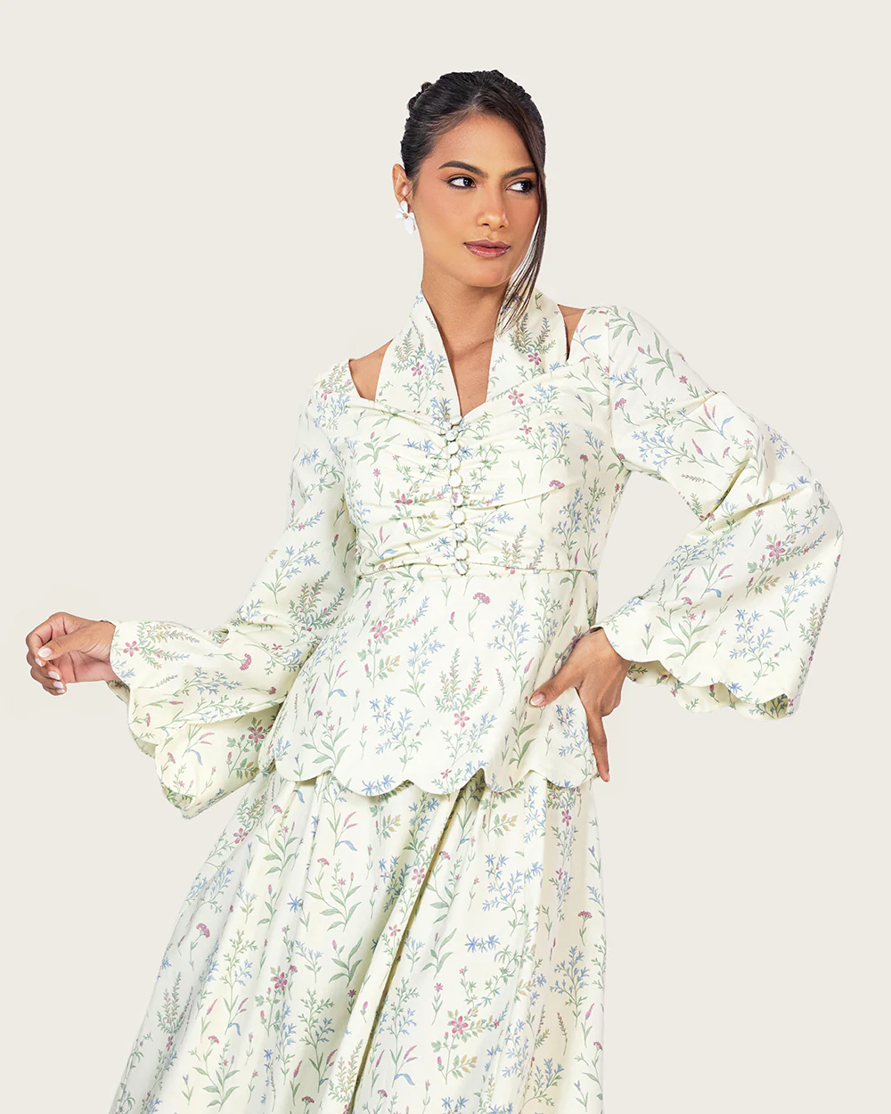 Floral Linen Ankle Length Dress with Scalloped Details - Image 10