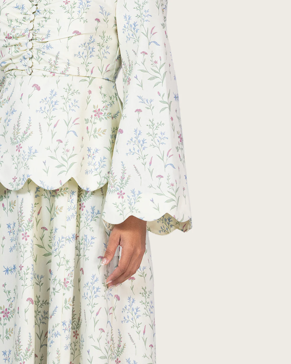 Floral Linen Ankle Length Dress with Scalloped Details - Image 11