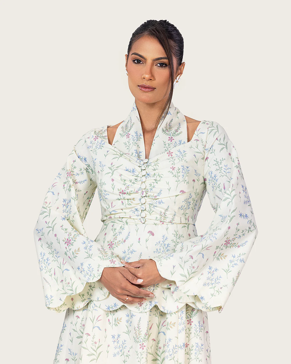Floral Linen Ankle Length Dress with Scalloped Details - Image 13