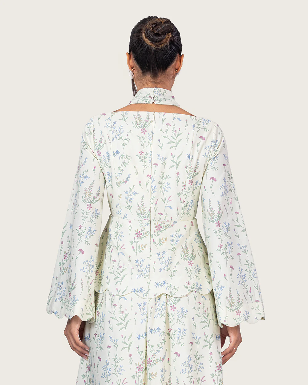 Floral Linen Ankle Length Dress with Scalloped Details - Image 14