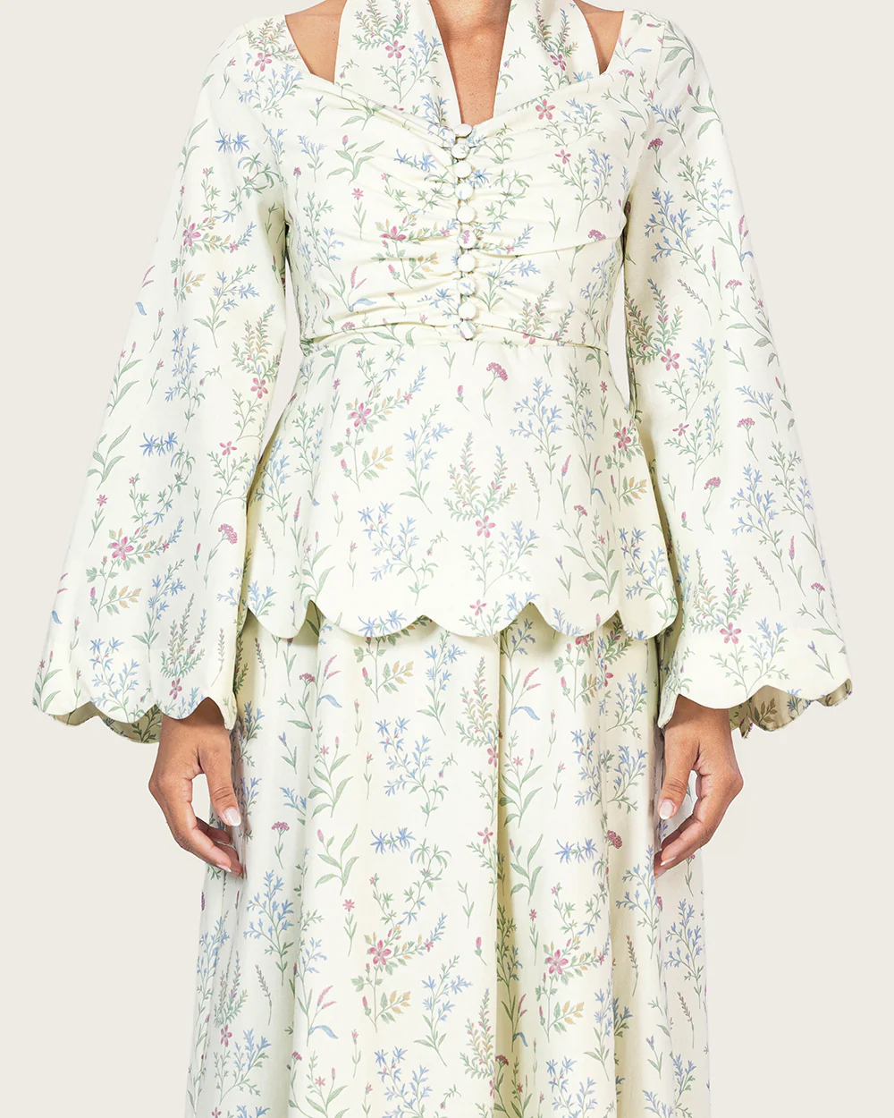 Floral Linen Ankle Length Dress with Scalloped Details - Image 3