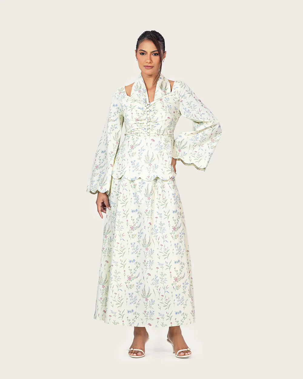 Floral Linen Ankle Length Dress with Scalloped Details - Image 4