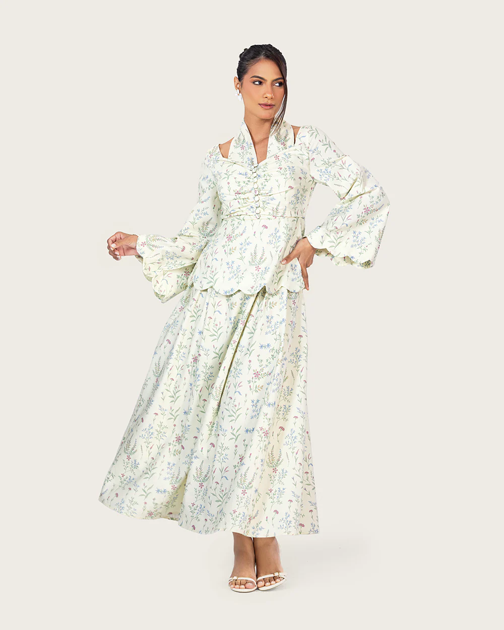 Floral Linen Ankle Length Dress with Scalloped Details - Image 5