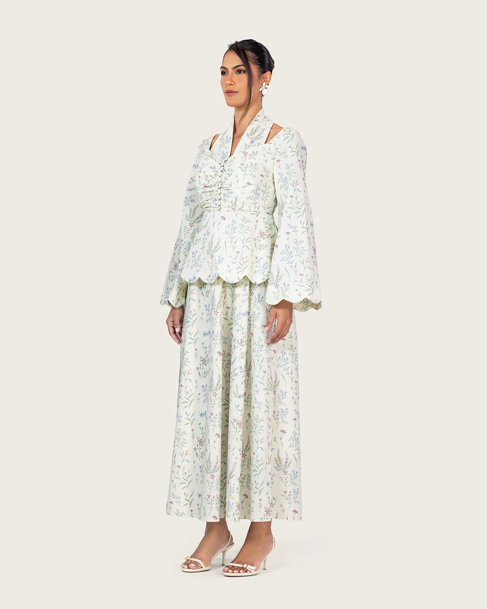 Floral Linen Ankle Length Dress with Scalloped Details - Image 6