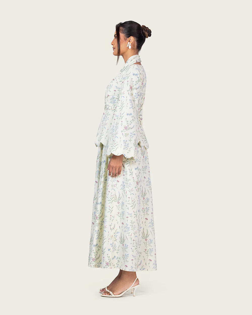 Floral Linen Ankle Length Dress with Scalloped Details - Image 7