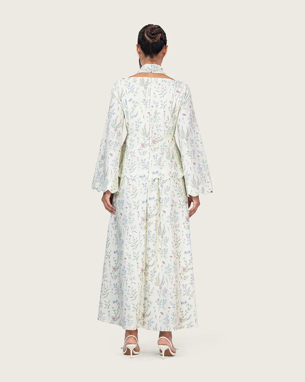 Floral Linen Ankle Length Dress with Scalloped Details - Image 8
