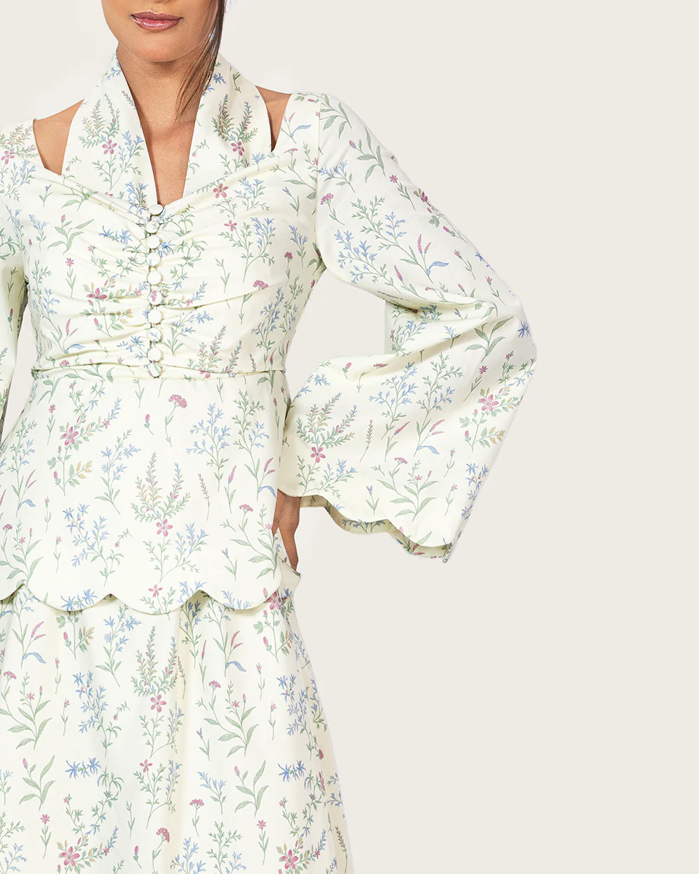 Floral Linen Ankle Length Dress with Scalloped Details - Image 9