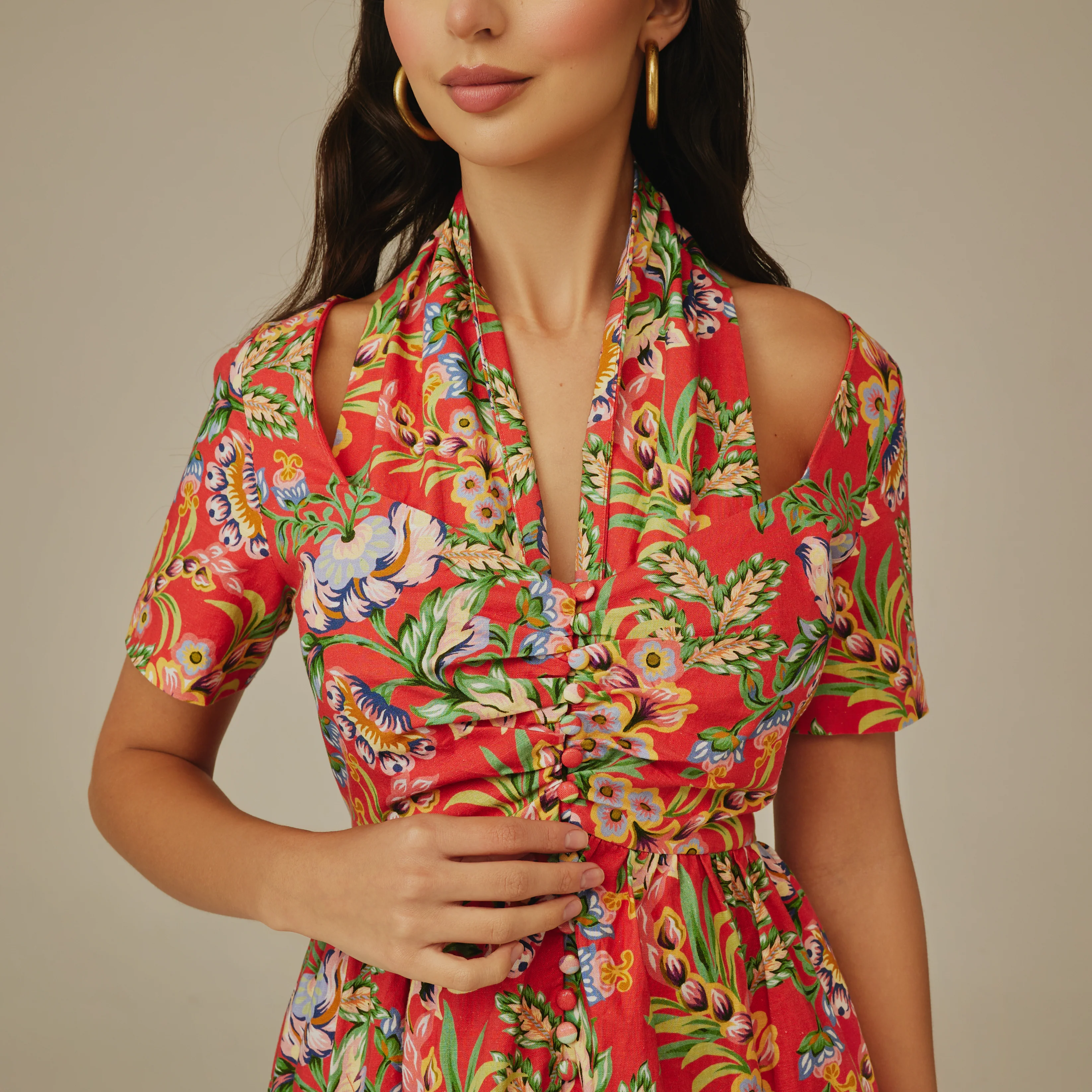 Red Floral Linen Dress - Image 3