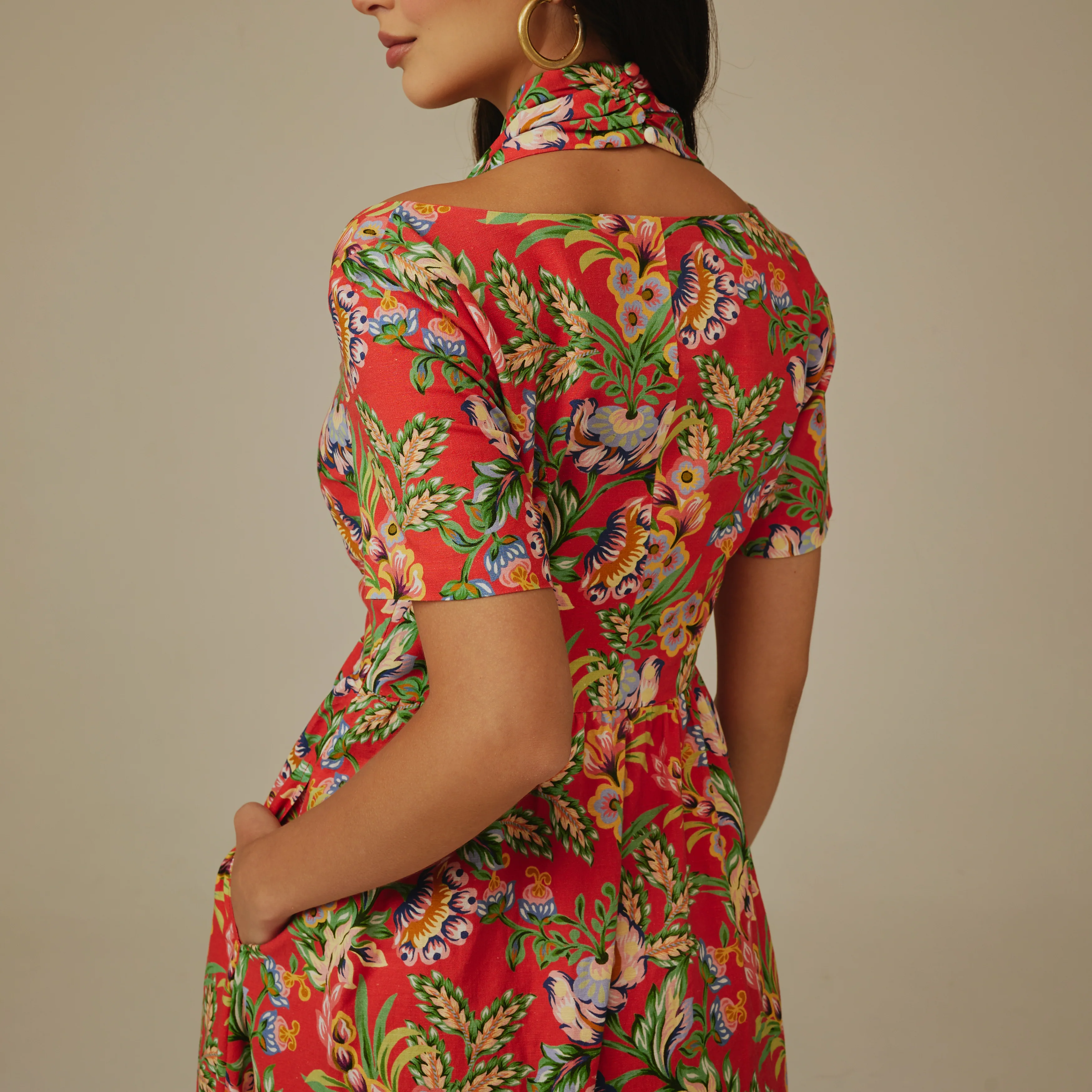 Red Floral Linen Dress - Image 4