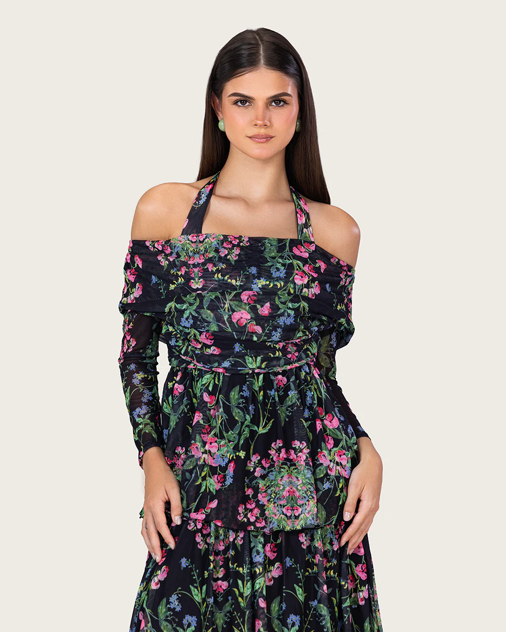 Floral Mesh Off-Shoulder Maxi Dress with Tiered Skirt - Image 2