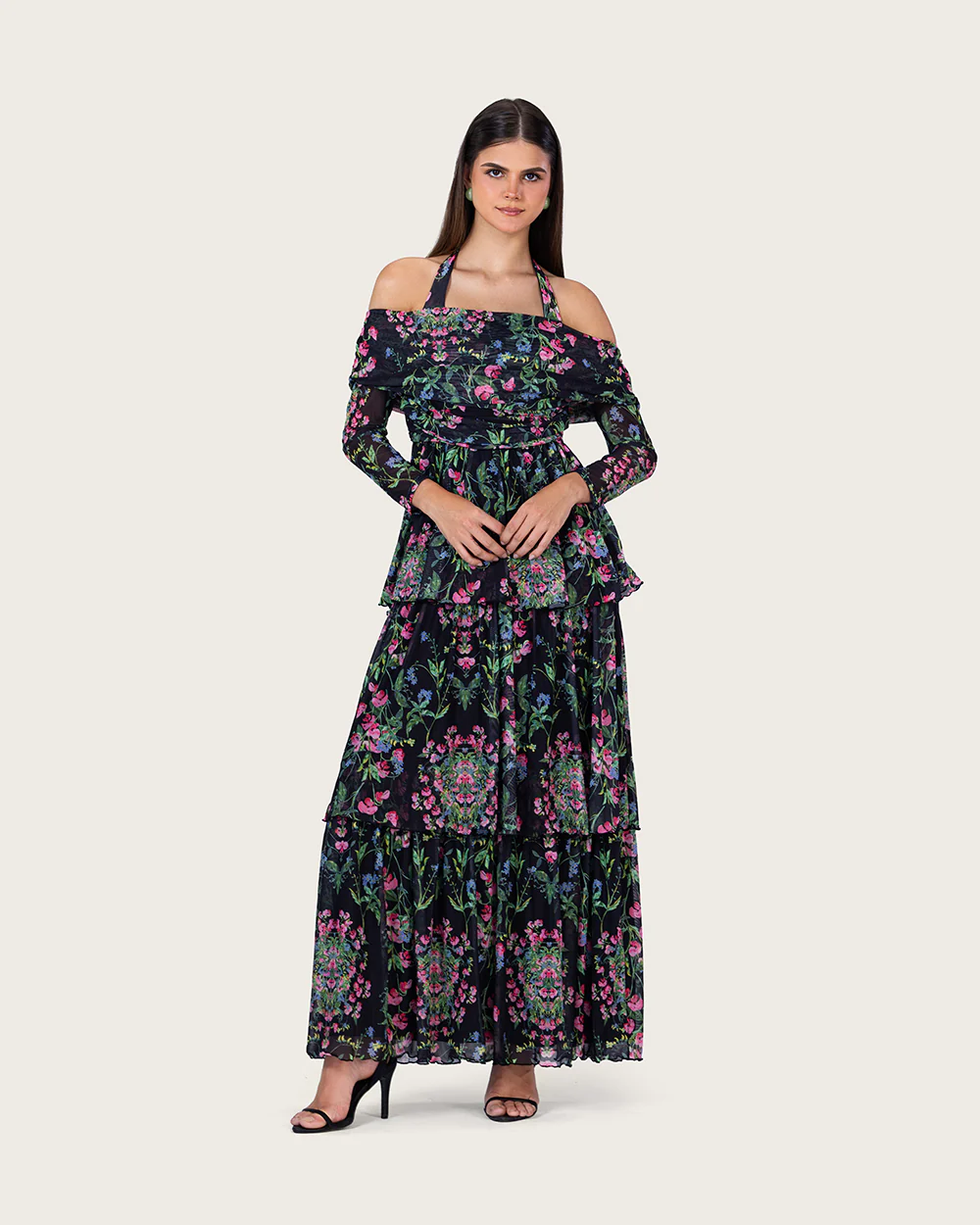 Floral Mesh Off-Shoulder Maxi Dress with Tiered Skirt - Image 3