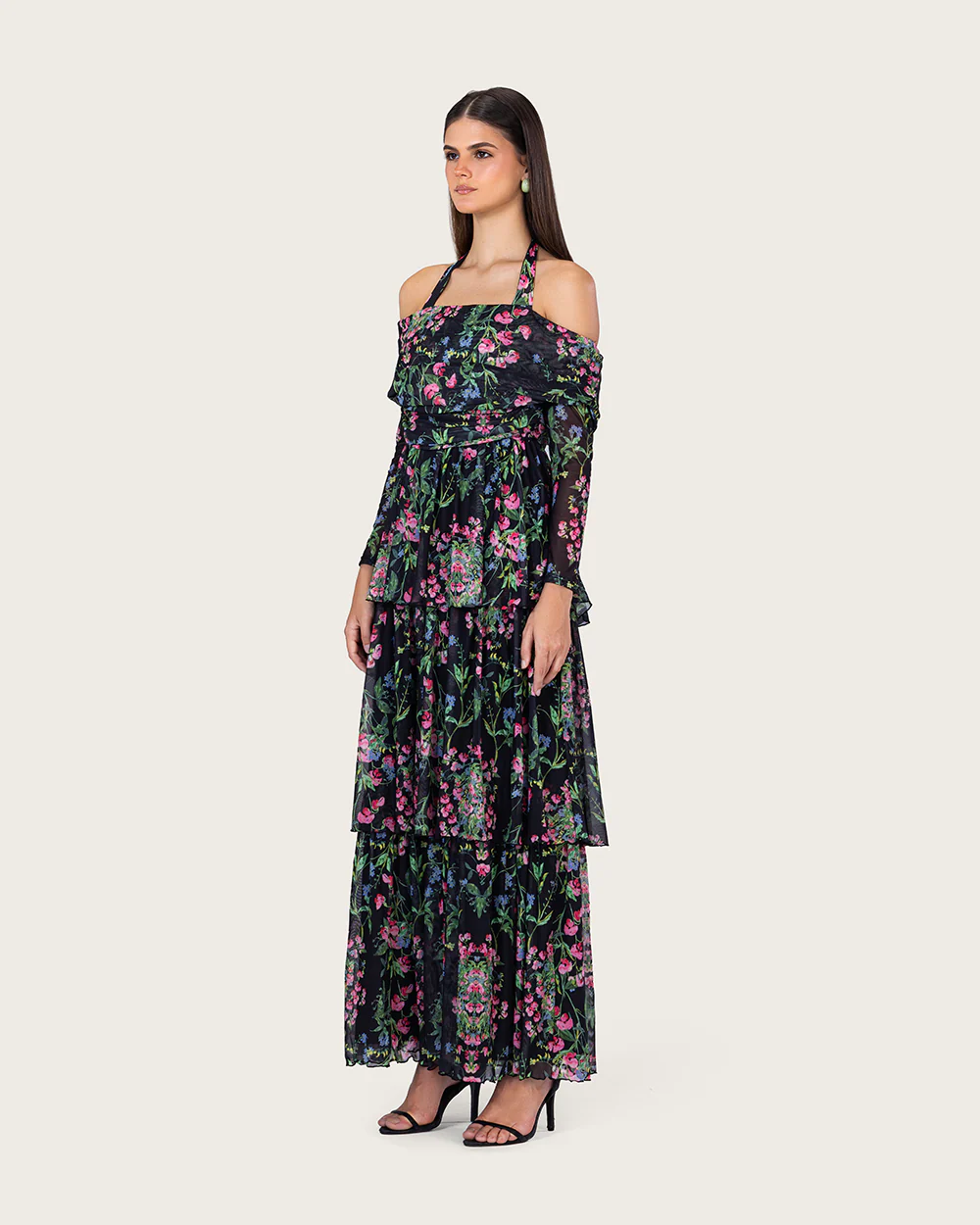 Floral Mesh Off-Shoulder Maxi Dress with Tiered Skirt - Image 4