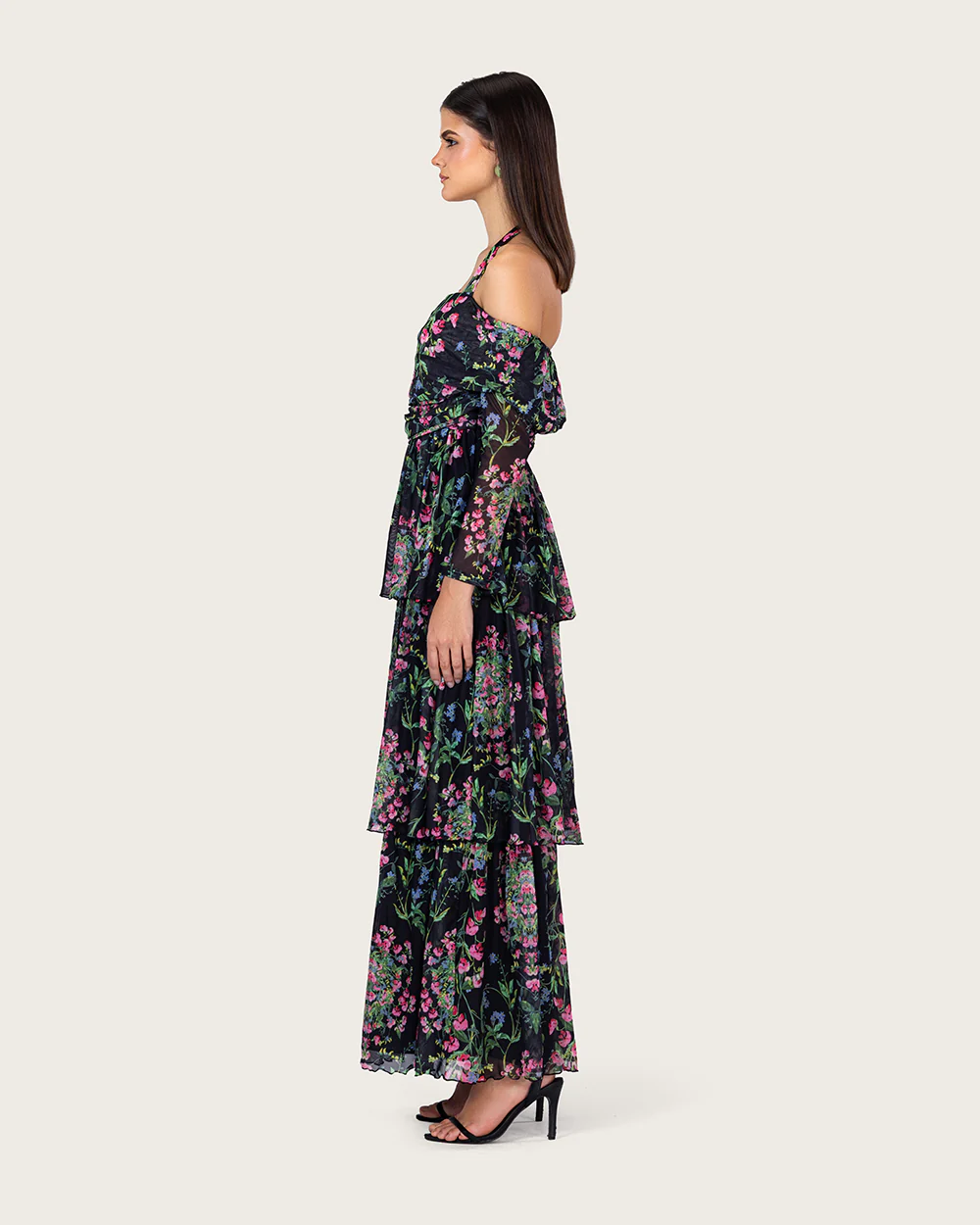 Floral Mesh Off-Shoulder Maxi Dress with Tiered Skirt - Image 5